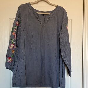 Talbots Navy Striped Blouse with Floral Embroidery sleeve sz 2X tunic top